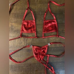 NWOT Sexy Skimpy Metallic Red Lame Triangle Top w/ Open Slits G-String Bikini